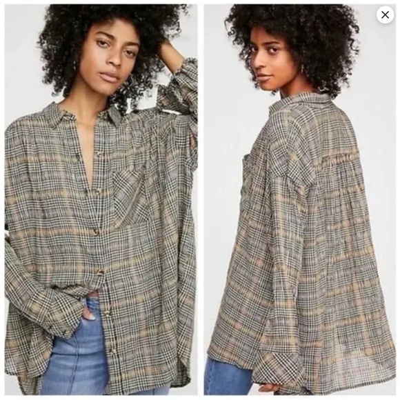 Free People Oversized Plaid Shirt S Break My Stride Metallic Grunge Boho Indie - Picture 1 of 11